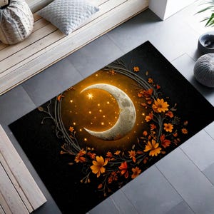 Crescent Moon & Wildflower Mandala Rug, Boho Lunar Floral Carpet, Mystical Moon Phase Round Rug, Celestial Nature-Inspired Home Decor