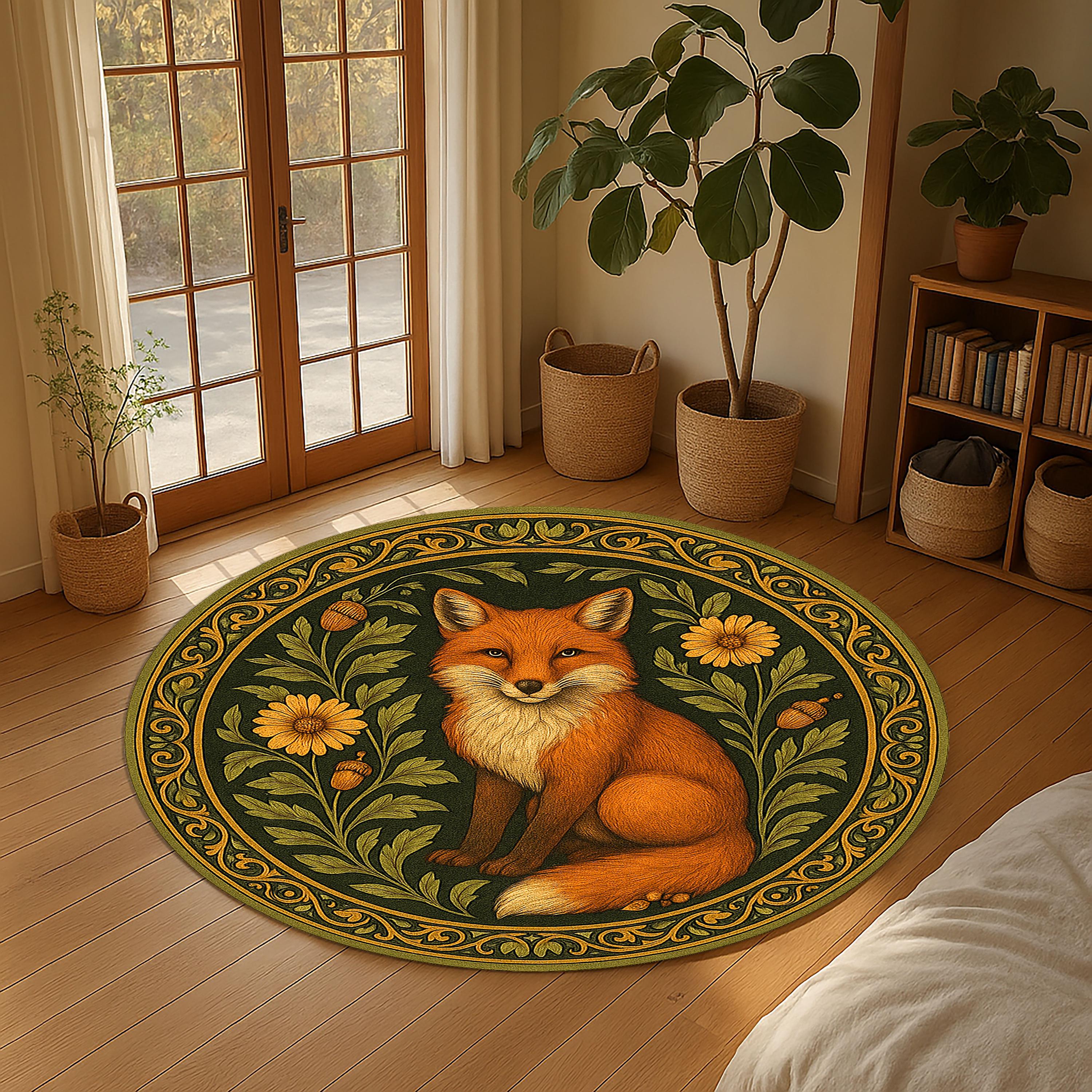 Fox and Acorn Round Rug – Forest Animal Area Carpet – Autumn Woodland ...