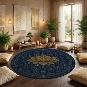 Tapete redondo Mandala de Lótus Azul – Tapete Espiritual de Geometria Sagrada – Tapete Boho para Meditação e Yoga – Decoração Celestial Flor da Vida