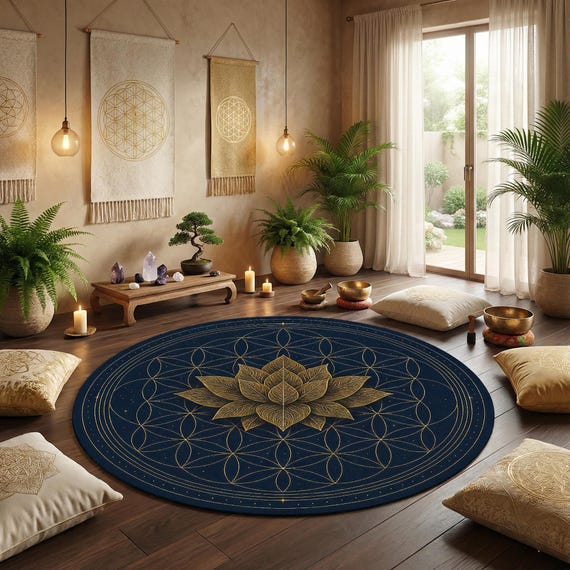 Blue Lotus Mandala Round Rug – Spiritual Sacred Geometry Carpet – Boho Meditation Yoga Mat – Flower of Life Celestial Decor