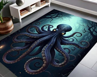 Octopustapijt voor Witchy Gothic Decor _ Donkere Academia-mat _ Halloween-octopustapijt _ Donker themakamerdecor _ Uniek Octopus Home Accent