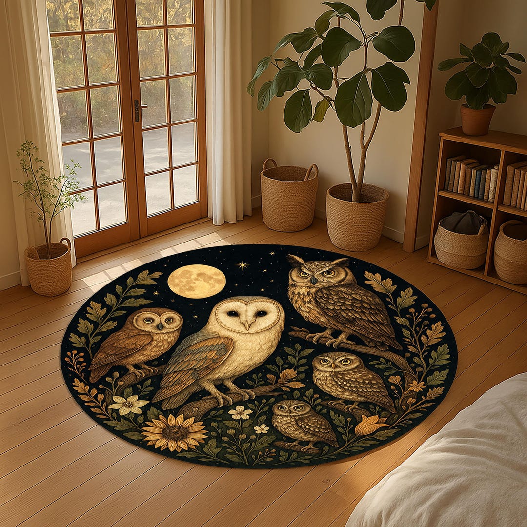 Owl Family Rug Under Full Moon – Enchanted Forest Round Carpet – Bird ...