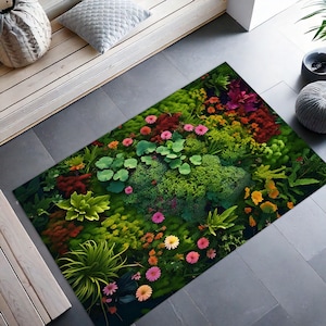 Botanischer Moosteppich, Bunter Naturinspirierter Teppich, Üppiger Grünästhetischer Teppich, Verzauberter Gartenbodendekor, Cottagecore ug