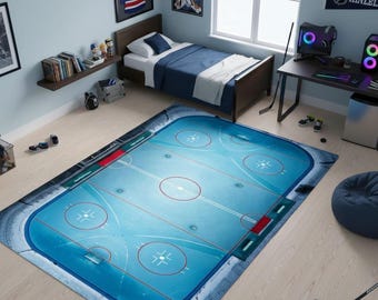 Ice Hockey Stadium Rug, Rink Field Carpet, Sports Theme Play Mat, Hockey Arena Rug for Game Room, Kids Ice Rink Playroom Rug