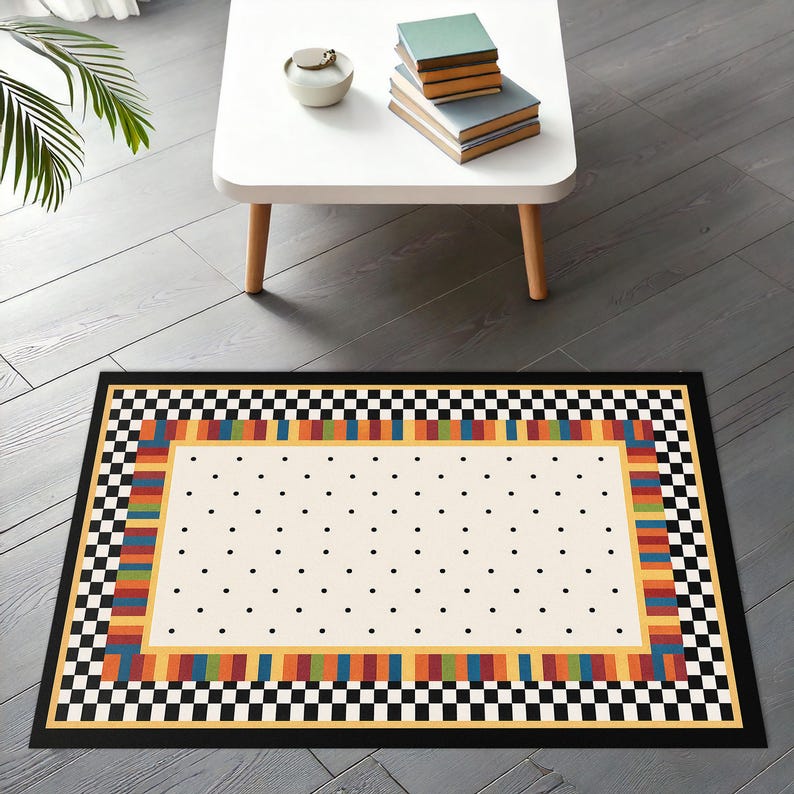 Checkered Rainbow Border Rug - Black and White Dot Grid Carpet - Etsy