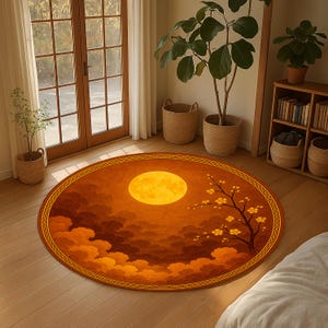 Golden Moon Night Rug – Japanese Style Round Rug with Clouds and Cherry Blossoms – Zen Minimalist Decor