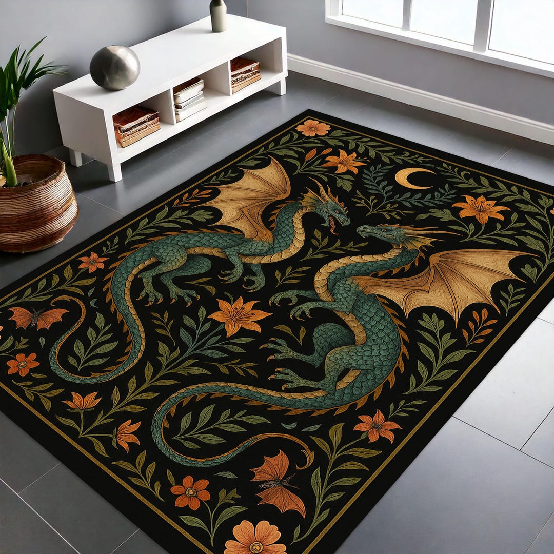 Dragon Small Rug Medieval Dragon Duel Rug, Vintage Gothic Fantasy Tapestry Carpet, Dark ...