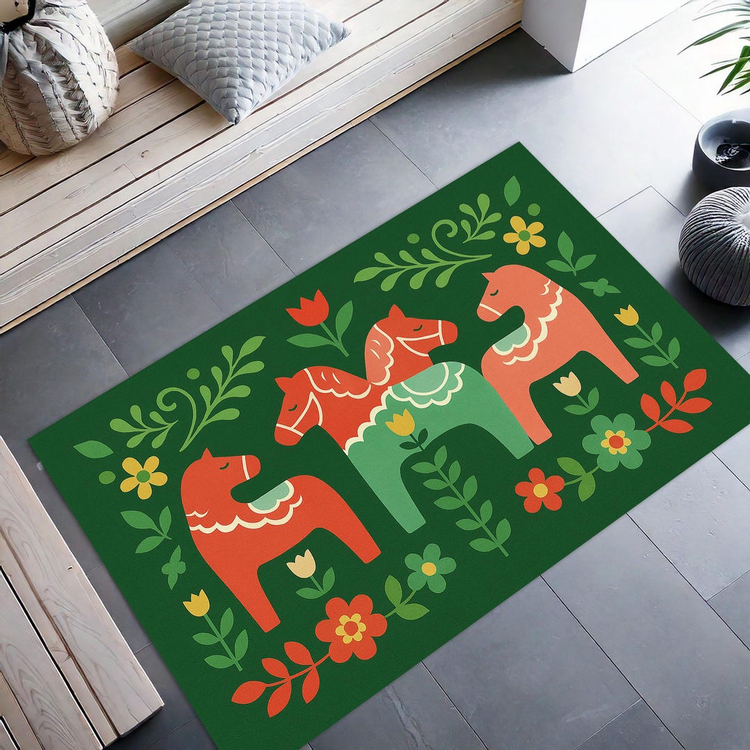 Folk Pattern Rug Nordic Dala Horse Rug, Bold Folk Art Area Rug With Flowers ...