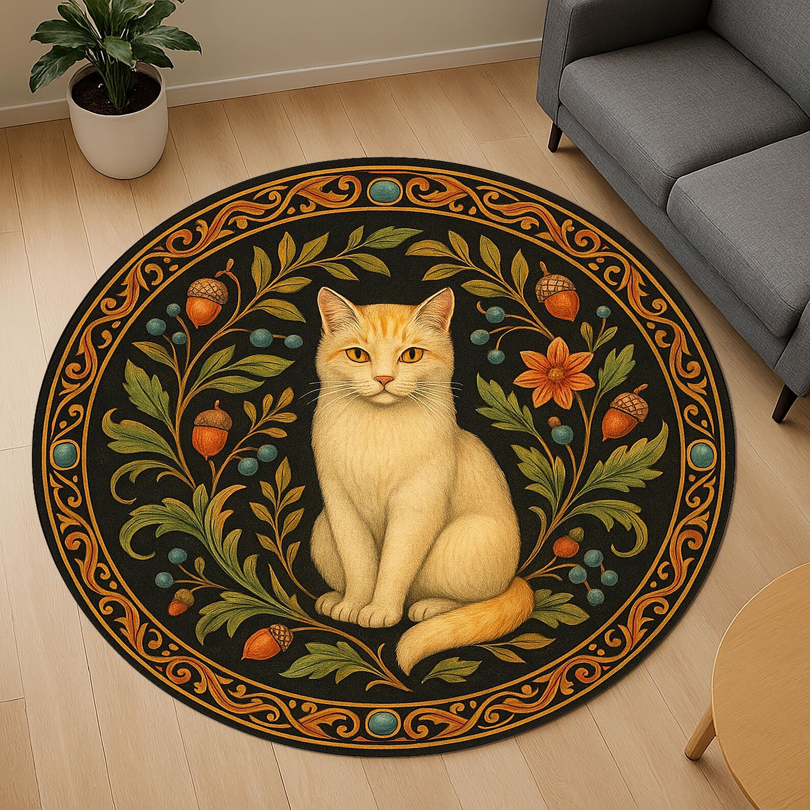 Cat Round Rug – Cream Kitty Area Carpet – Boho Animal Rug With Acorns ...