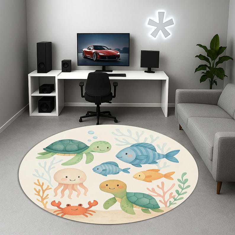 Aquatic Rug Ocean Friends Round Rug – Cute Sea Animals Kids Carpet – Turtle Fish ...