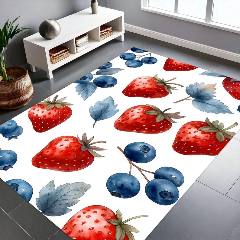 Watercolor Fruit Kitchen Rug – Cute Strawberry & Blueberry Design, Non ...