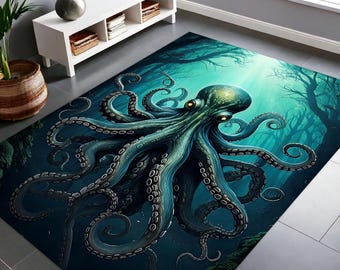 Octopus Rug For Gothic Room Decor, Dark Academia Raven In Flowers Rug, Octopus Decor, Witchy Room Decor, Vintage Rug, Halloween Rug