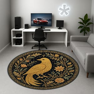 Golden Bird Round Rug – Celestial Nature Inspired Carpet – Elegant Boho Black Floral Decor – Bird Lover Accent Rug