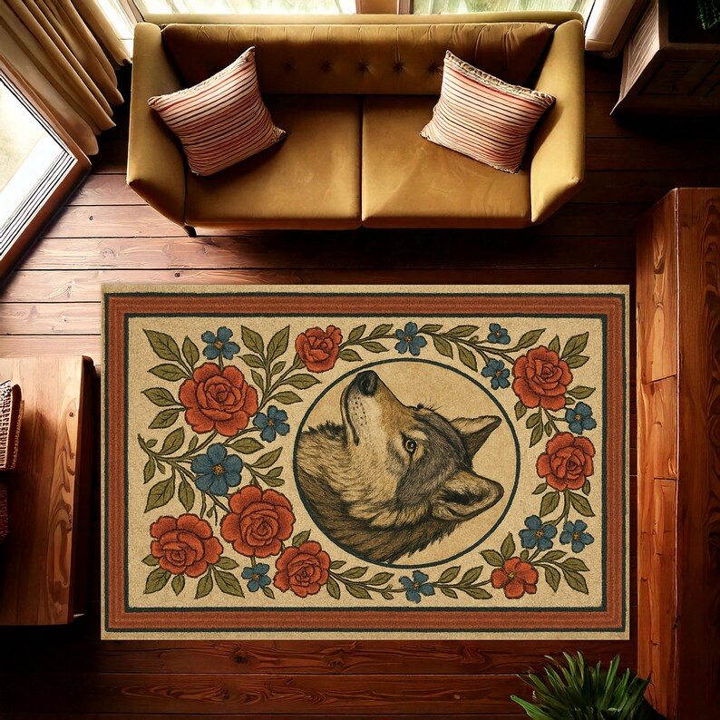 May include: Rectangular beige rug featuring a detailed illustration of a wolf's head looking up, surrounded by red roses, blue flowers, and green leaves. The rug has a brown border and is placed on a wooden floor.