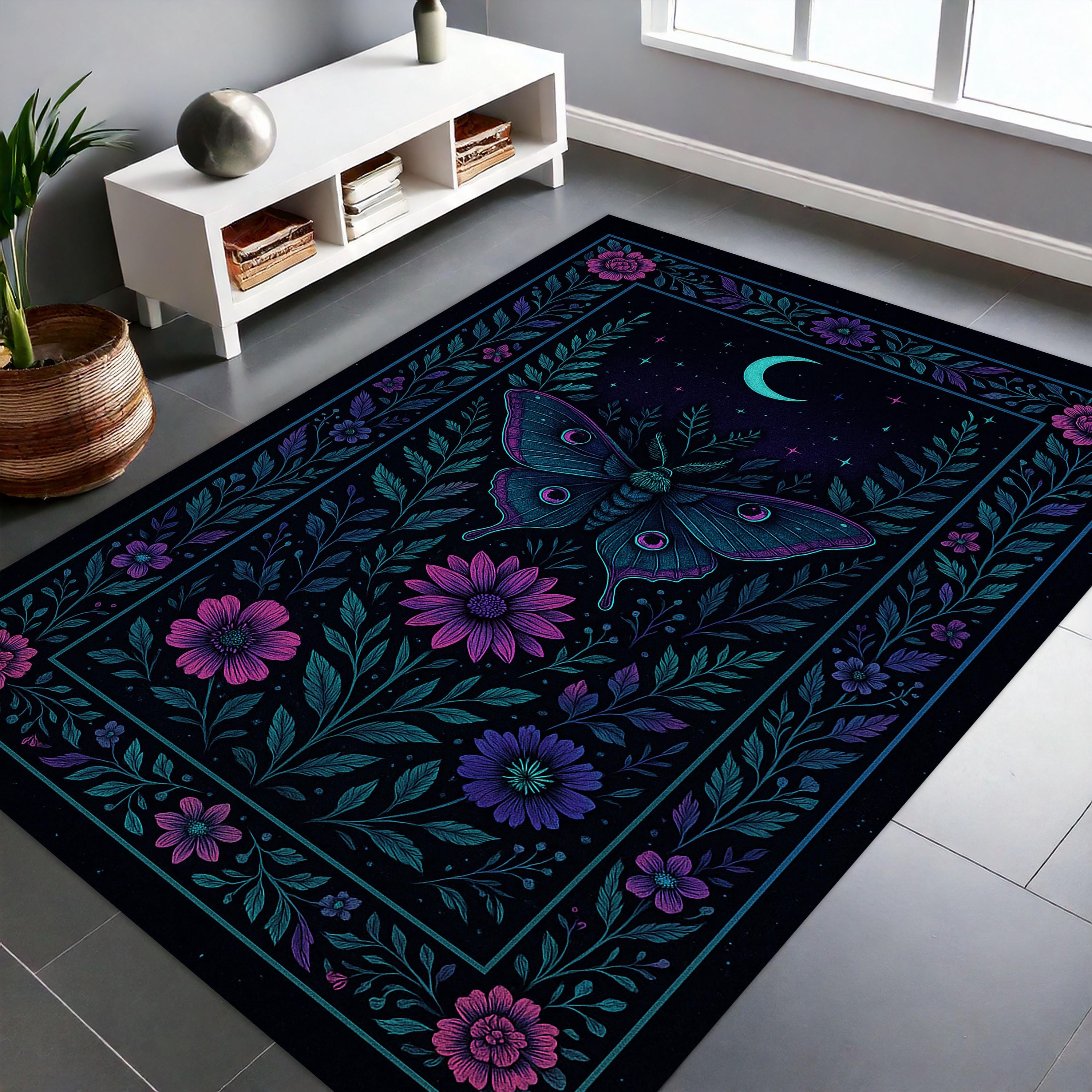 Celestial Moth Moon Rug, Neon Gothic Butterfly Area Rug, Psychedelic ...