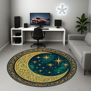 Crescent Moon & Stars Round Rug – Celestial Night Sky Carpet – Gold Cosmic Decor – Mystical Boho Lunar Floor Mat
