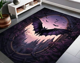 Gothic Rug For Goth Room Decor, Bat Rug For Witchy Room Decor, Dark Academia Rug For Dark Cottagecore Decor, Black Rug, Victorian Goth Decor