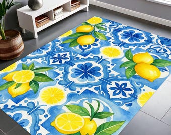Tapete de cozinha mediterrâneo - Azulejo azul-limão - Decoração com tema cítrico de fazenda - Carpete macio