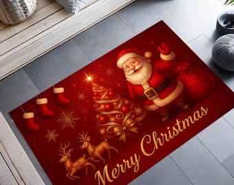 May include: A red Christmas-themed rug featuring Santa Claus, a decorated Christmas tree, reindeer, and the words "Merry Christmas" in gold script. The rug also includes red stockings and snowflakes.