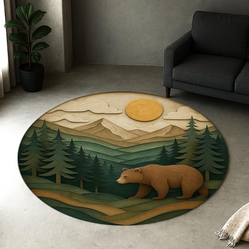 Bear in Mountains Round Rug – Nature Scene Forest Animal Carpet ...