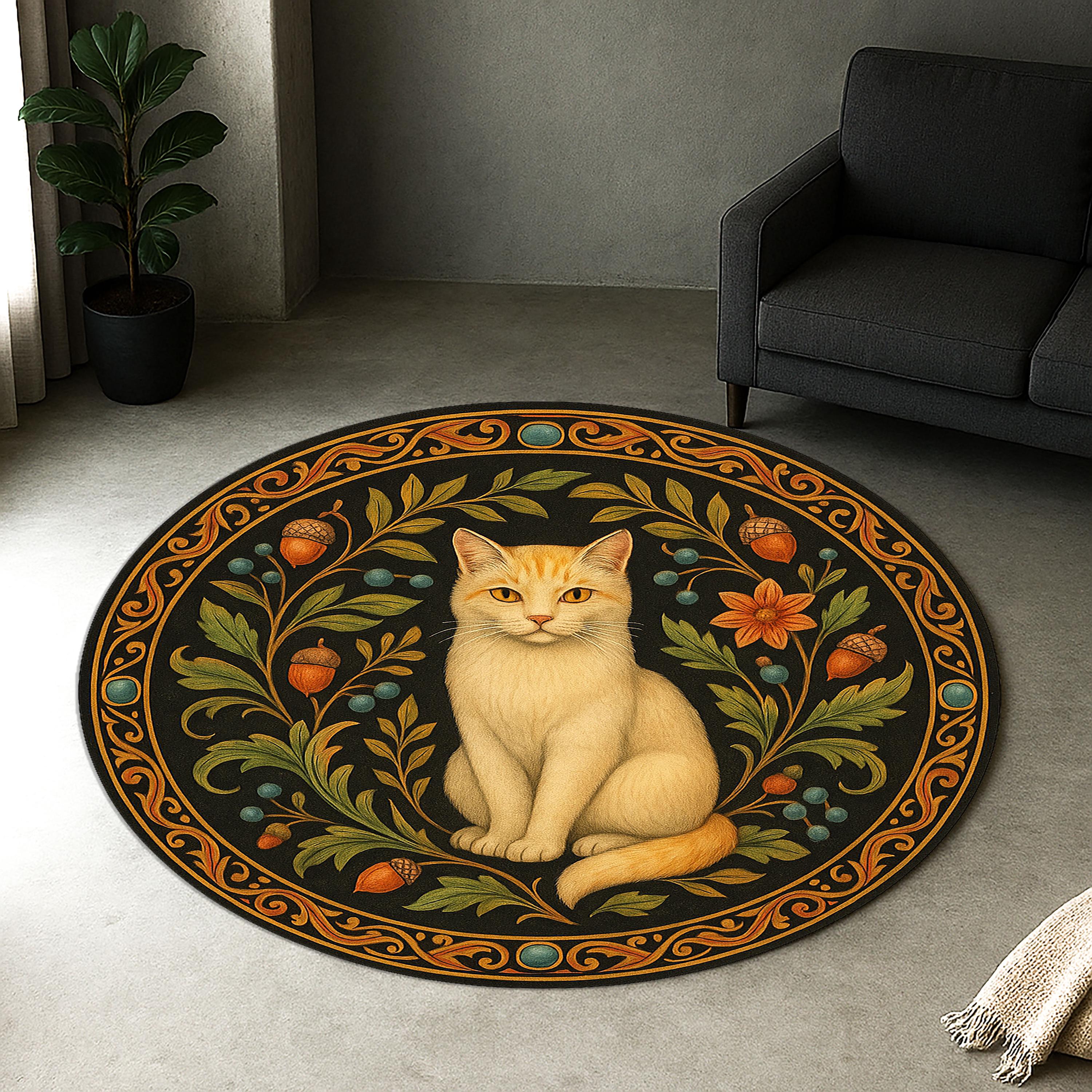 Cat Loop Rug Cat Round Rug – Cream Kitty Area Carpet – Boho Animal Rug With Acorns ...