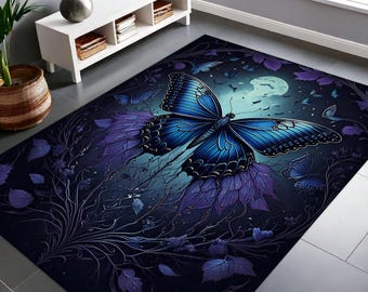 Celestial Cottagecore Floral Moth Rug Woodland Gothic Decor, Fairycore Forest Moonlit Butterfly Art Whimsigothic Witchy Dark Botanicals Rug