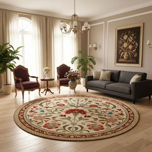Boho Chic Elegance Floral Round Rug, Modern Unique Round Rug, Washable Round Rug, Distressed Large Area Rug, Rugs for Living Room Bedroom