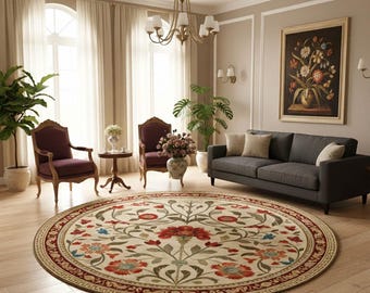 Alfombra redonda floral elegante y bohemia, moderna y única, lavable, con efecto desgastado, para sala de estar y dormitorio.