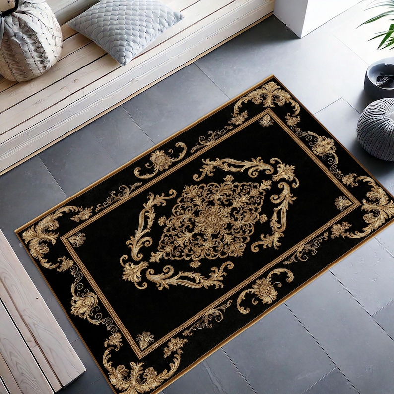 Round Baroque Rug Luxury Rug Black Gold - Baroque Style Ornate Carpet - Elegant Vintage ...