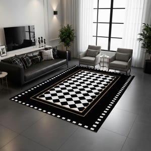 Checkered Rug, Black Border on Check Pattern, Black and White Rug for Living Room, Chic Floor Mat, Modern Runner Rug