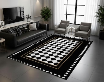 Checkered Rug, Black Border on Check Pattern, Black and White Rug for Living Room, Chic Floor Mat, Modern Runner Rug