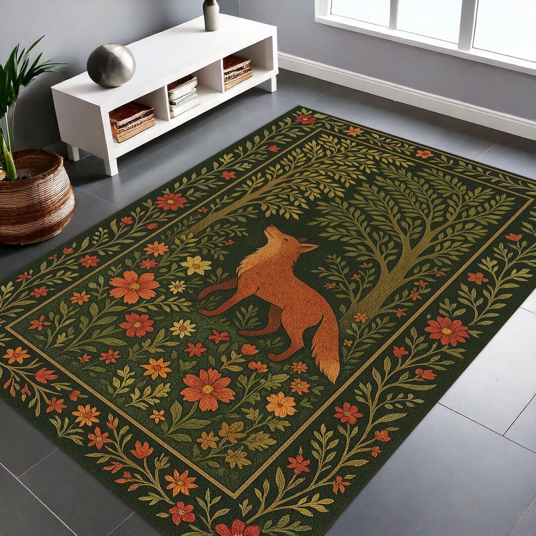Boho Fox Woodland Rug, Whimsical Animal Forest Area Rug, Autumn Colors ...