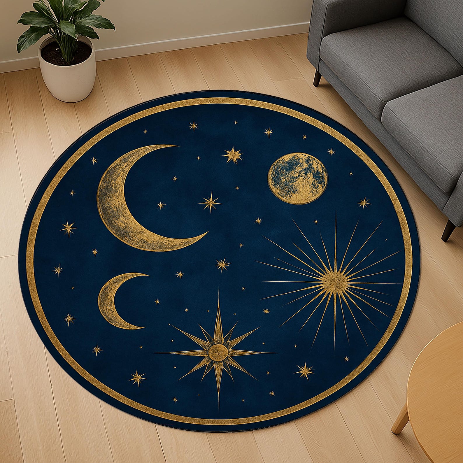Astrological Rug Celestial Round Rug Night Sky – Deep Blue & Gold Moon and Stars ...