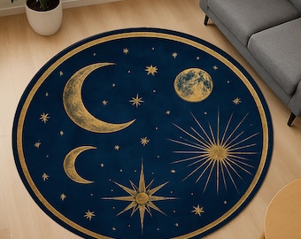 天体円形ラグ 夜空 – 深い青と金の月と星 – 宇宙占星術にインスパイア