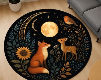 Könnte beinhalten: Runder, schwarzer Teppich mit einer skurrilen Waldszene. Ein Fuchs und ein Reh blicken sich unter einem Vollmond an, umgeben von floralen Elementen und einem Vogel. Der Teppich hat einen Durchmesser von etwa 152 cm.