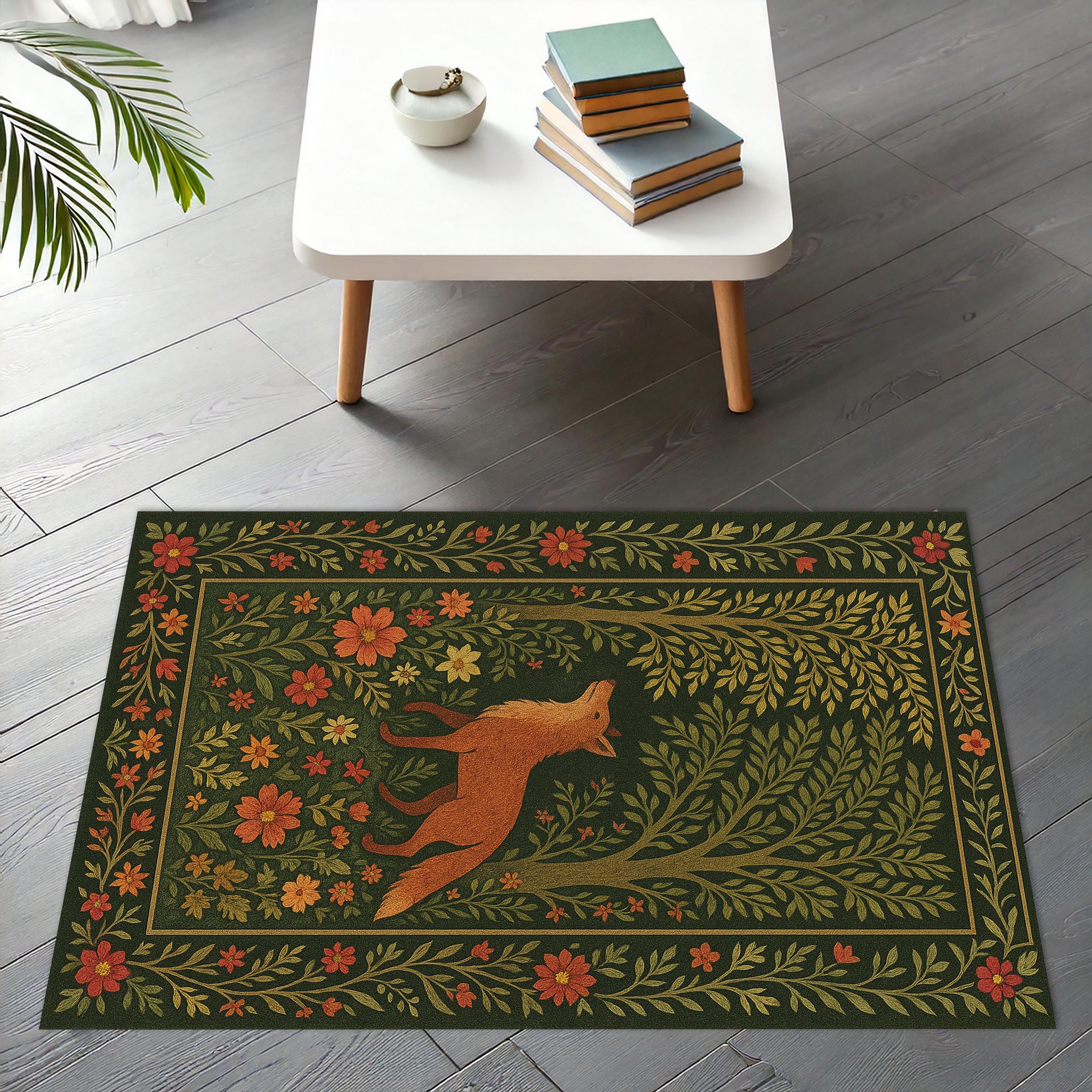 Boho Fox Woodland Rug, Whimsical Animal Forest Area Rug, Autumn Colors ...