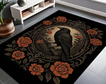 Alfombra gótica con cuervos y rosas, alfombra victoriana oscura con pájaros, alfombra con marco floral de cuervos, decoración bohemia de brujas