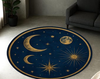 天体円形ラグ 夜空 – 深い青と金の月と星 – 宇宙占星術にインスパイア