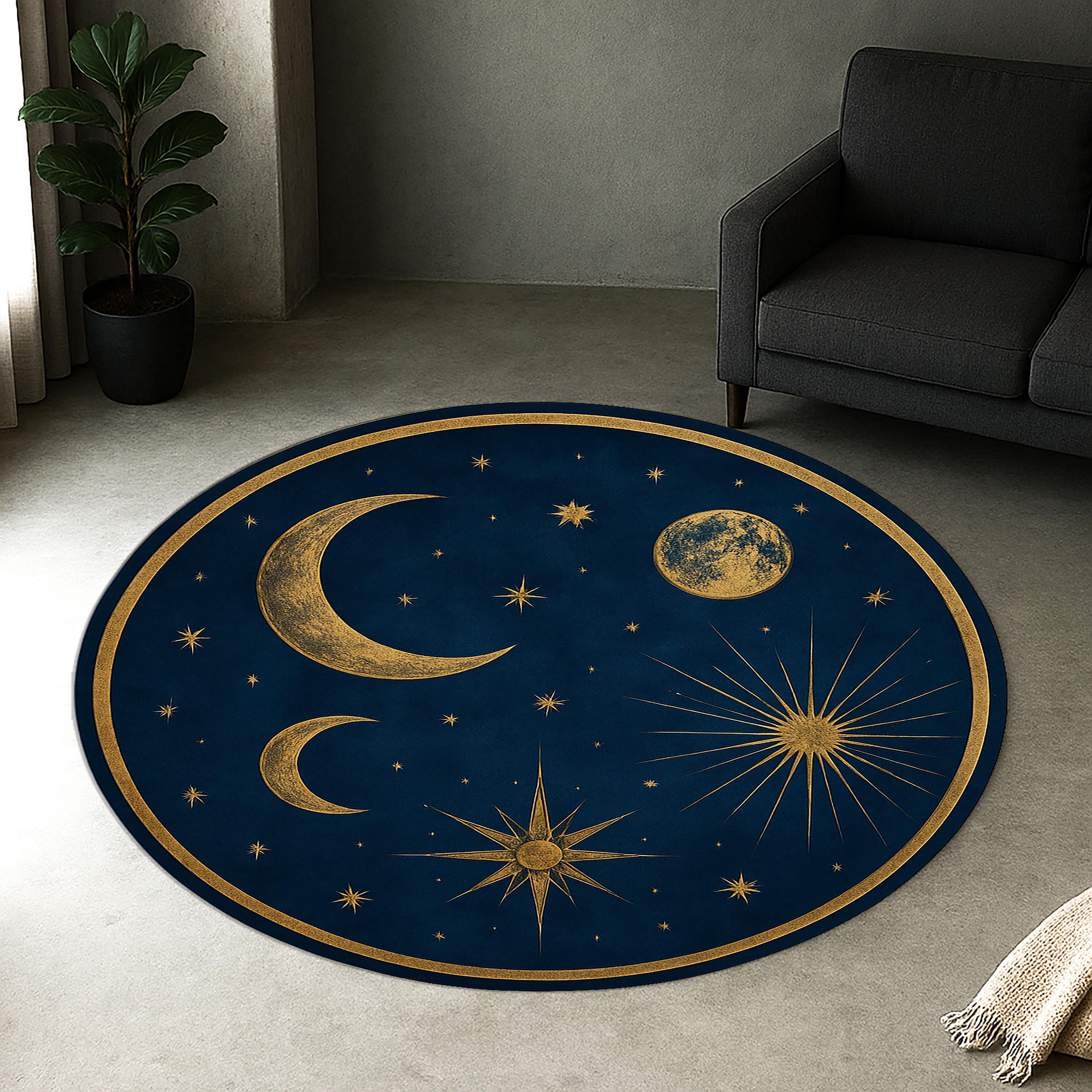天体円形ラグ 夜空 – 深い青と金の月と星 – 宇宙占星術にインスパイア