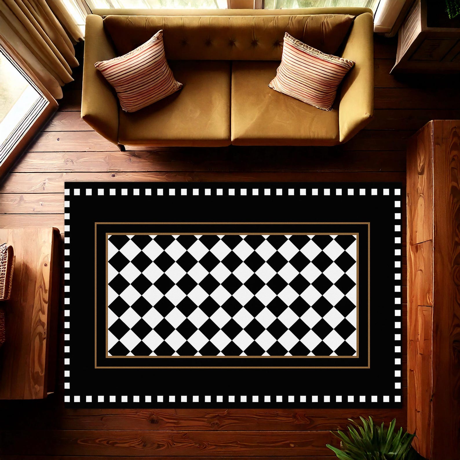 Checkered Rug, Black Border on Check Pattern, Black and White Rug for ...