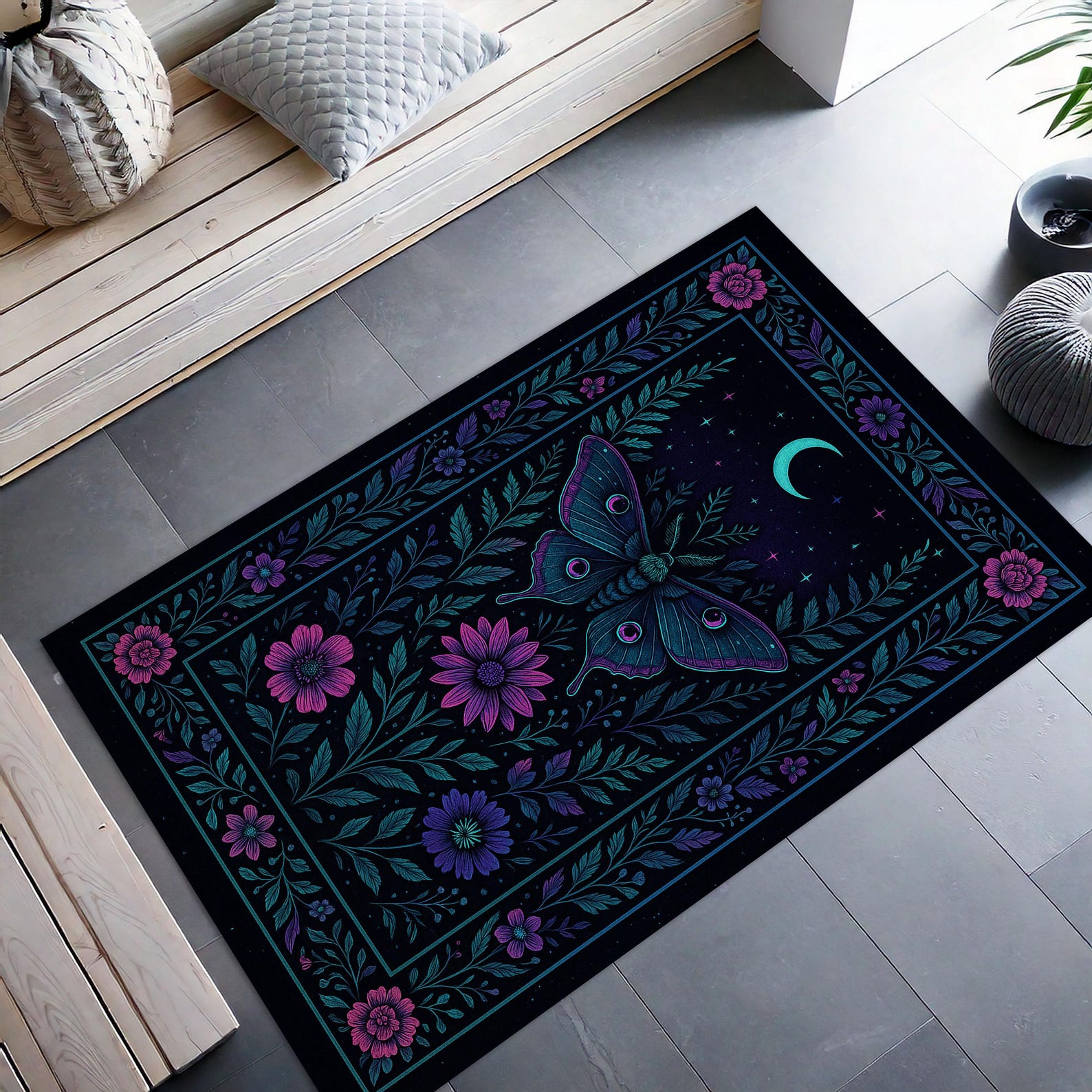 Celestial Moth Moon Rug, Neon Gothic Butterfly Area Rug, Psychedelic ...