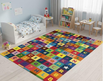 Alfombra educativa para habitación infantil • Letras, números y formas de colores