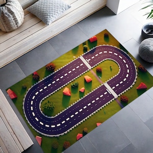 Kids Car Racing Road Rug, Start-Finish Line Play Mat, Race Track Rug for Kids Room, Toddler Playroom Carpet, Boys Racing Game Mat