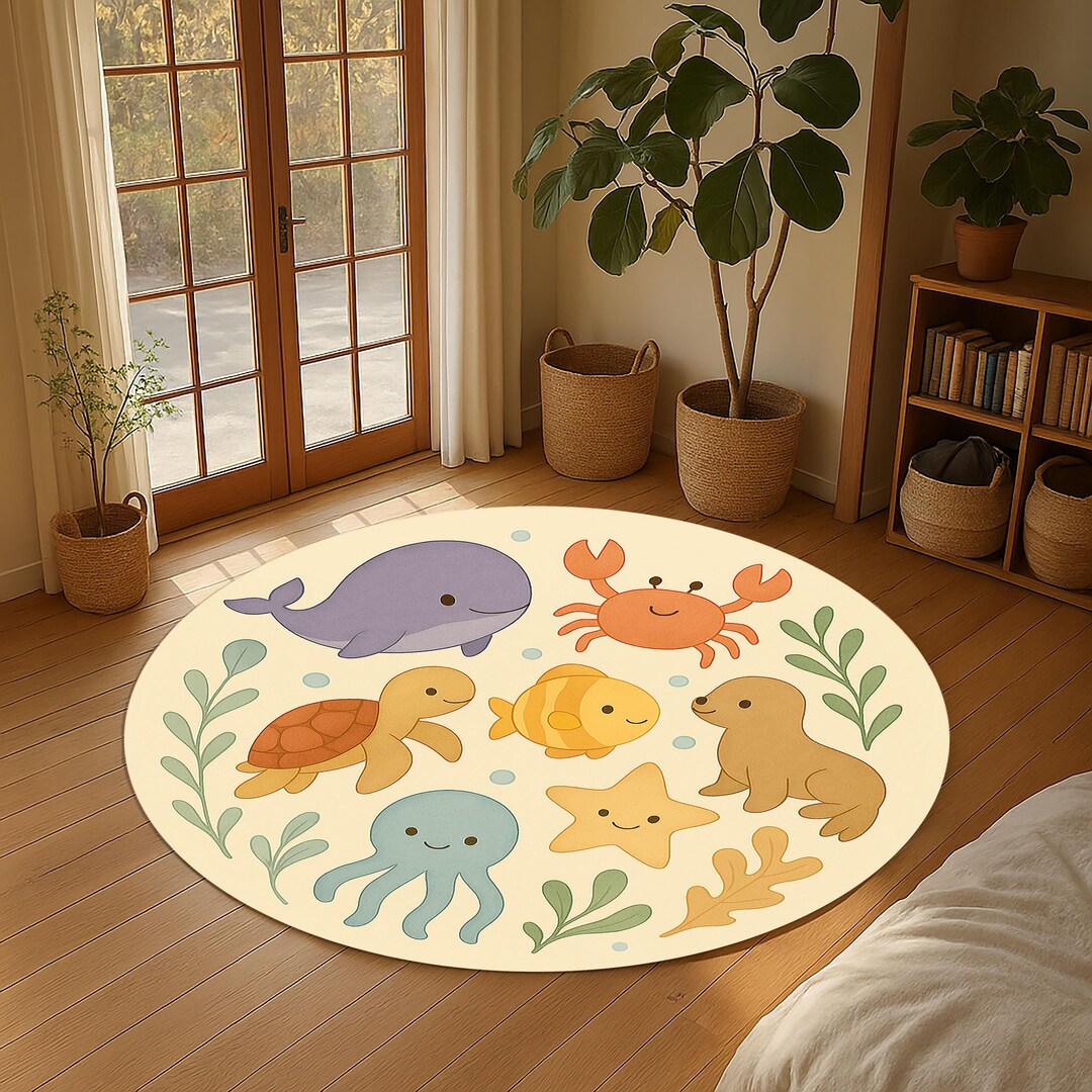 Sea Rug Animal Ocean Friends Round Rug – Whimsical Sea Animal Kids Carpet – Whale Crab ...