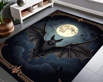Gothic Moon & Bat Rug, Dark Academia Aesthetic Carpet, Mystical Nocturnal Decor, Witchy Vampire Room Rug, Enchanted Gothic Floor Art