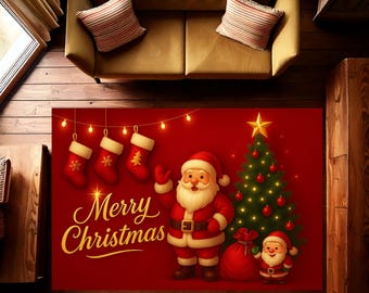 May include: A red Christmas-themed rug featuring Santa Claus, a Christmas tree, and the text "Merry Christmas" in gold script. The rug also includes hanging stockings and a smaller Santa figure.