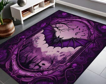 Gothic Rug For Goth Room Decor, Bat Rug For Witchy Room Decor, Dark Academia Rug For Dark Cottagecore Decor, Black Rug, Victorian Goth Decor