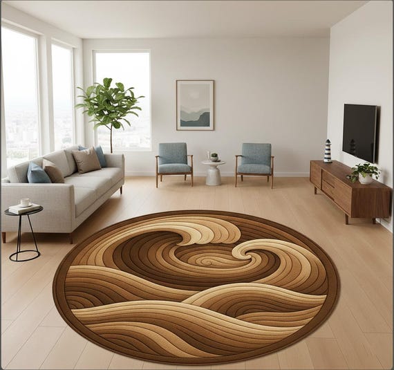 Runder brauner Teppich Ocean Waves - Brauner Swirl Teppich, Moderner abstrakter Kreisteppich für Wohnzimmer, Schlafzimmer