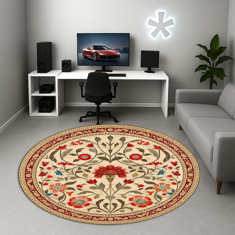 Fancy Round Rug Boho Chic Elegance Floral Round Rug, Modern Unique Round Rug, Washable ...