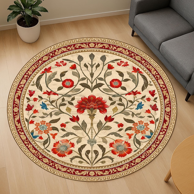 Boho Chic Elegance Floral Round Rug, Modern Unique Round Rug, Washable ...